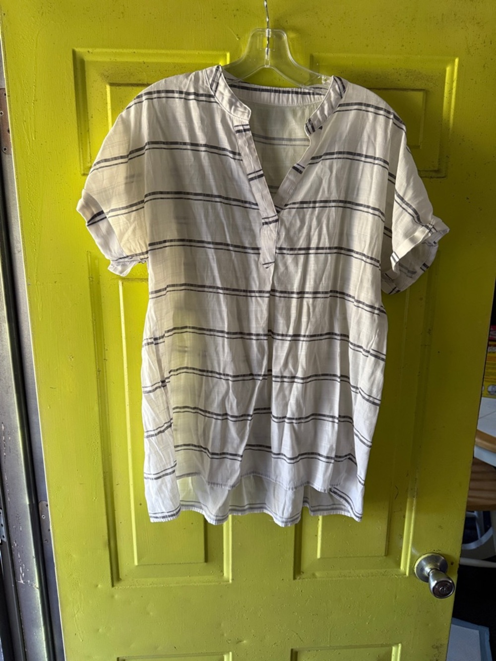 Womens White Short-Sleeve Shirt with Grey Stripes
